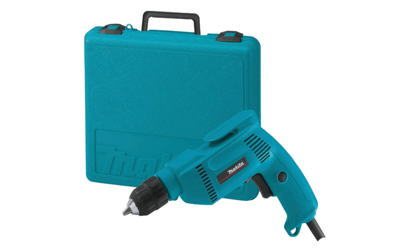 Assembled in USA - Makita 3/8" 4.9-Amp Keyless Electric Drill with Case. Model 6408K. 3/8" variable speed 0 to 2500 RPM reversible. 4.9A motor. Includes hard plastic case. 088381024570. USA Makita drill.