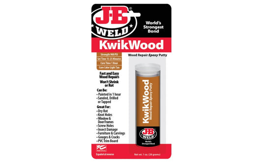 JB Weld "KwikWood" Wood Repair Epoxy Putty - 1 oz stick. Great for filling screw holes in wood, cabinets & furniture. Repairs & rebuilds dry rot, knotholes, window & door frames, furniture & carvings, handles & knobs. Paintable in 1 hour & won't shrink or crack. After cured, can be sanded, drilled, & tapped. Tan color.