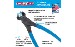 These 7" Channellock End Cutting Pliers have knife and anvil style cutting edges to ensure perfect mating and superior cutting edge life. Forged high carbon U.S. steel for strength & durability is specially coated for ultimate rust prevention. End nippers. Channelock Model 357. Made in USA.