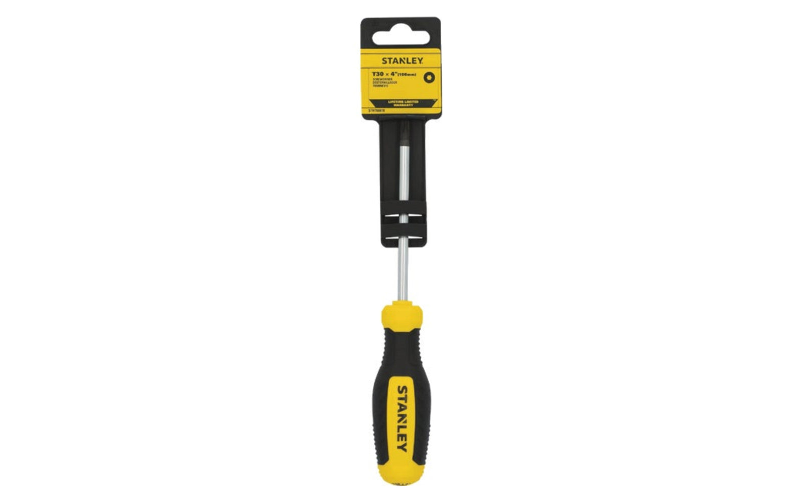 Stanley T30 Torx Screwdriver. 4" long blade. Stanley Torx Screwdriver, complete with a tri-zone bi-material handle ideal for precision, torque, and speed applications. This durable screwdriver is designed with strong steel blades, a chrome finish that offers corrosion resistance. Model STHT60818.