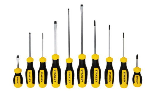 Stanley 10-Piece Phillips & Slotted Screwdriver Set. The ergonomically-designed handle is shaped & sized to provide comfort & torque at the fastener head. The heat-treated, alloy-steel blades are built to withstand long-term use.  