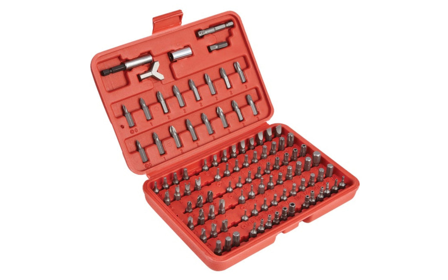 Best Way Tools 100-Piece Bit Set with plastic storage case.