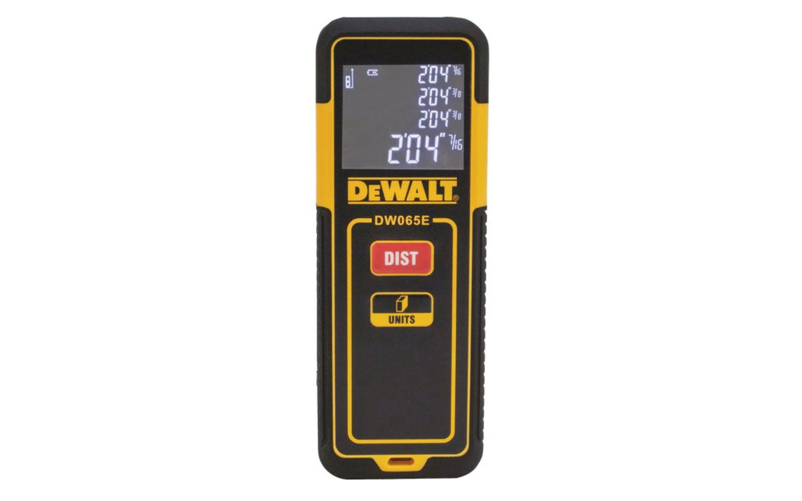 DeWalt 65' Range Laser Distance Measurer. This is a versatile, compact laser distance measurer that allows you to measure up to 65 Ft. Calculate area and volume with a click of a button and refer back to your last 3 measurements for added convenience. Model DW065E.