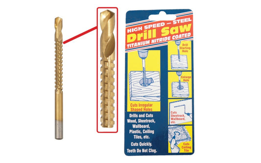 HSS Drill Saw Bit Titanium Nitride Coated. Drills & cuts wood, sheetrock, wallboard, plastic, ceiling tile. Specially designed teeth allows for quick, clog-free cutting. Use the drill saw to drill the starting hole, enlarge the hole, or cut out irregular shaped holes with ease. Mayhew / Best Way Tools - Model 51625.