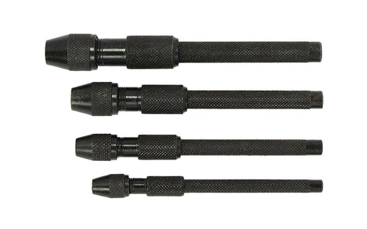 Basic & economy style 4-PC Pin Vise Set. Whether you need to drill precise holes, hold small objects securely, or perform delicate tasks, this pin vise set is designed to meet your needs. The knurled head and body ensure a comfortable and secure grip. Made by SE.