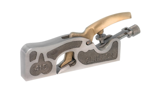 The Clifton 410 Shoulder Rebate Plane. 11/16" (18 mm) wide cutter blade. The body is machined from quality grey iron casting and is precision ground on the sole and the sides. Cutting edge is ground to 25° primary & 30° secondary - Blade made from high quality oil hardened steel, 59-61 rockwell C hardness. Model 410.