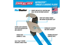 Channellock 9-1/2" Nutbuster Tongue & Groove Plier has a special parrot nose & double tongue & groove design that gives this "Nutbuster" added strength, ideal for round surfaces. Channelock Model 410. Professional non-slip channellocks. Adjustable 9.5" parrot head tongue and groove plier. Made in USA.
