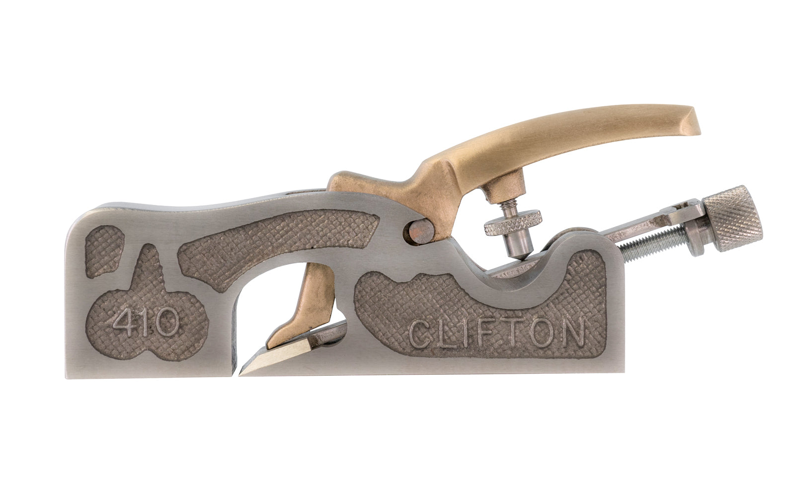 The Clifton 410 Shoulder Rebate Plane. 11/16" (18 mm) wide cutter blade. The body is machined from quality grey iron casting and is precision ground on the sole and the sides. Cutting edge is ground to 25° primary & 30° secondary - Blade made from high quality oil hardened steel, 59-61 rockwell C hardness. Model 410.