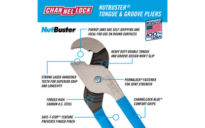 Channellock 13-1/2" Nutbuster Tongue & Groove Plier has a special parrot nose & double tongue & groove design that gives this "Nutbuster" added strength, ideal for round surfaces. Channelock Model 414. Professional non-slip channellocks. Adjustable 13.5" parrot head tongue and groove plier. Made in USA.