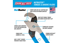 Channellock 13-1/2" Nutbuster Tongue & Groove Plier has a special parrot nose & double tongue & groove design that gives this "Nutbuster" added strength, ideal for round surfaces. Channelock Model 414. Professional non-slip channellocks. Adjustable 13.5" parrot head tongue and groove plier. Made in USA.