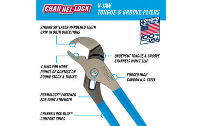 Channellock 9-1/2" V-Jaw Tongue & Groove Plier has a unique v jaw design that creates more points of contact on round stock & tubing. Laser-hardened teeth to provide a better, longer lasting grip. Channelock Model 422. Professional non-slip channellocks. adjustable 9.5" tongue and groove plier. Made in USA.