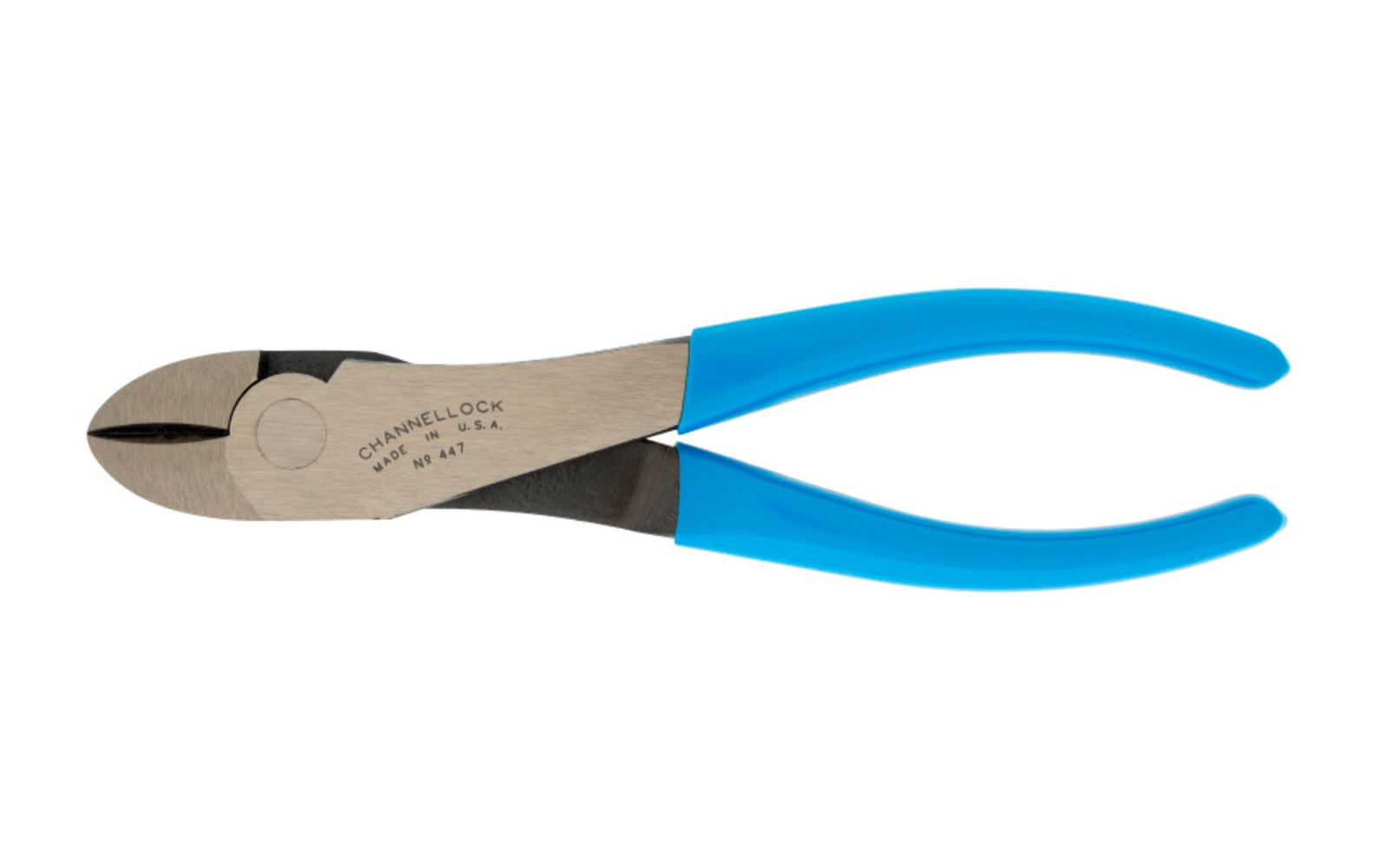 Channellock High Leverage 8" Curved Diagonal Cutting Pliers. Model No. 447. Quality high carbon alloy U.S. steel for superior performance. Laser heat-treated cutting edges last longer. Cuts piano, hard, medium hard, & soft wire. Vinyl blue comfort grips. 025582137975. Made in USA. 