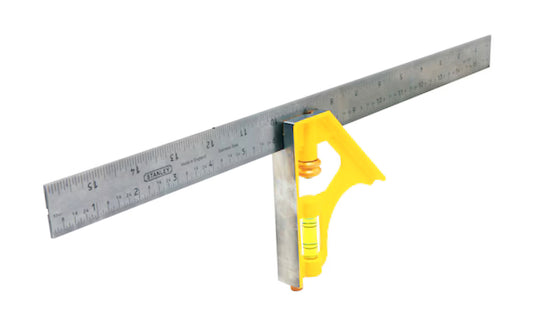 Stanley 16" Combination Square. Model No. 46-131 ~ Durably etched, hard-chrome-plated blade is rust resistant & made to last ~ High-visibility yellow, die-cast handle with brass hardware for durability ~ Gradations in 16ths & 32nds - etched in steel  ~ Easy-to-read vial