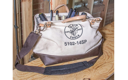 Klein Tools 14" tool bag is a deluxe canvas tool bag which features lots of interior pockets to organize your tools. Made of heavy-duty canvas, this bag will stand the test of time. A detachable shoulder strap can be adjusted for a comfortable fit. Model 5102-14SP.