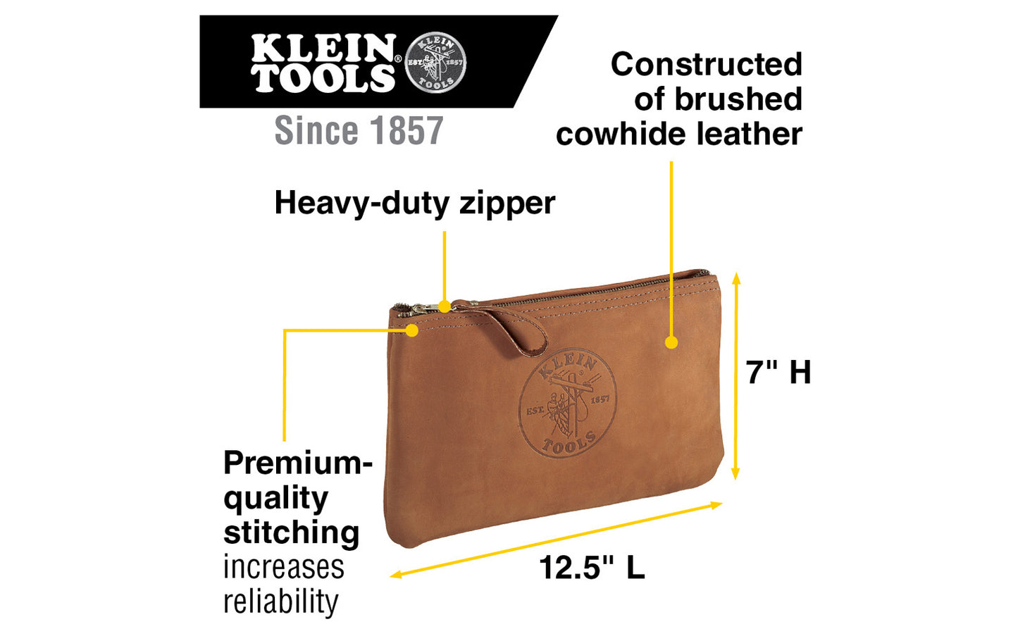 Klein Tools Top-Grain Leather Zipper Pouch Bag. This handsome bag is soft sided & features brushed cowhide leather construction to provide durability & a strong zipper for reliable operation. Convenient storage for pliers, wrenches, & other tools. The heavy-duty zipper keeps it securely closed. Model 5139L.