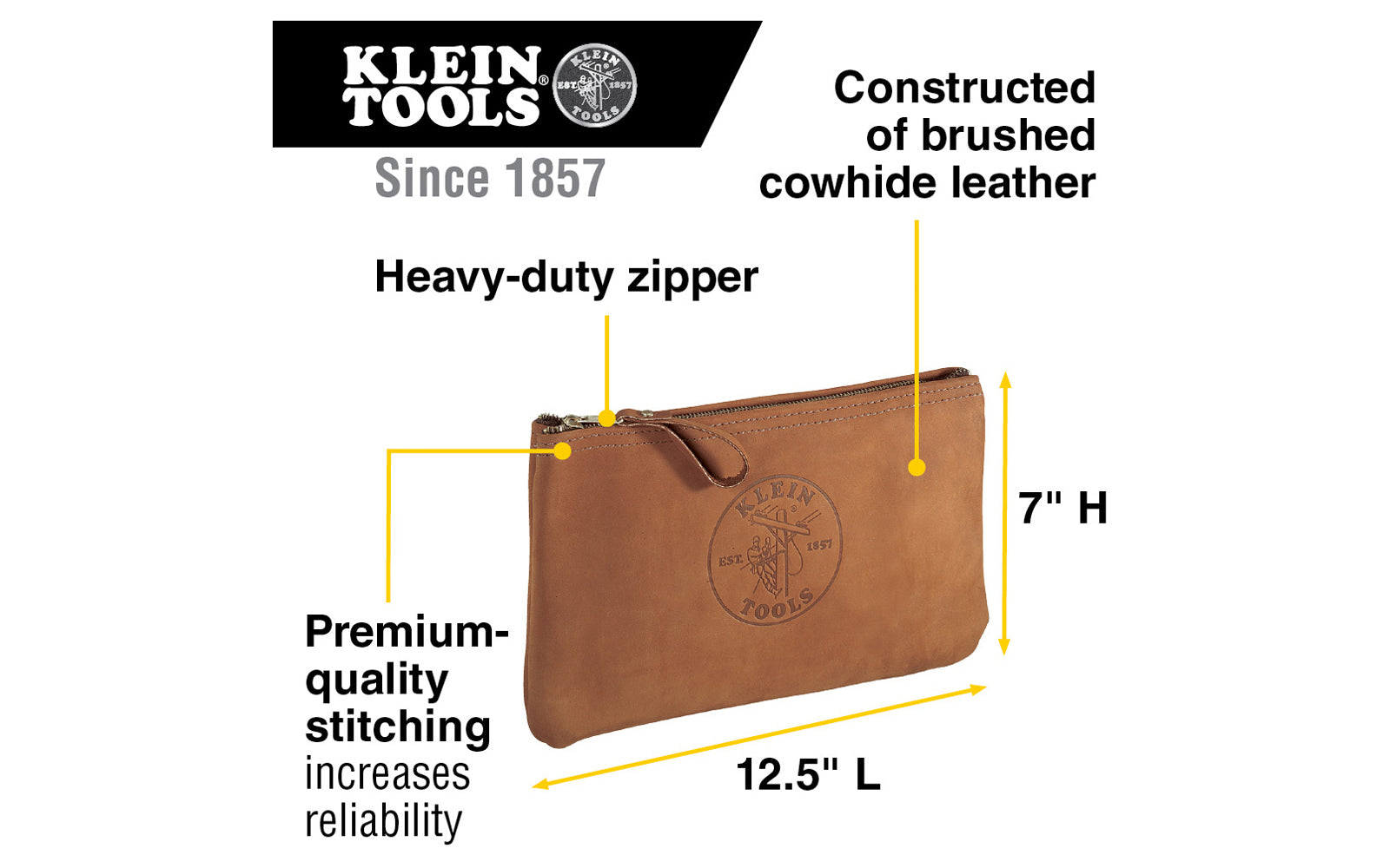 Klein Tools Top-Grain Leather Zipper Pouch Bag. This handsome bag is soft sided & features brushed cowhide leather construction to provide durability & a strong zipper for reliable operation. Convenient storage for pliers, wrenches, & other tools. The heavy-duty zipper keeps it securely closed. Model 5139L.