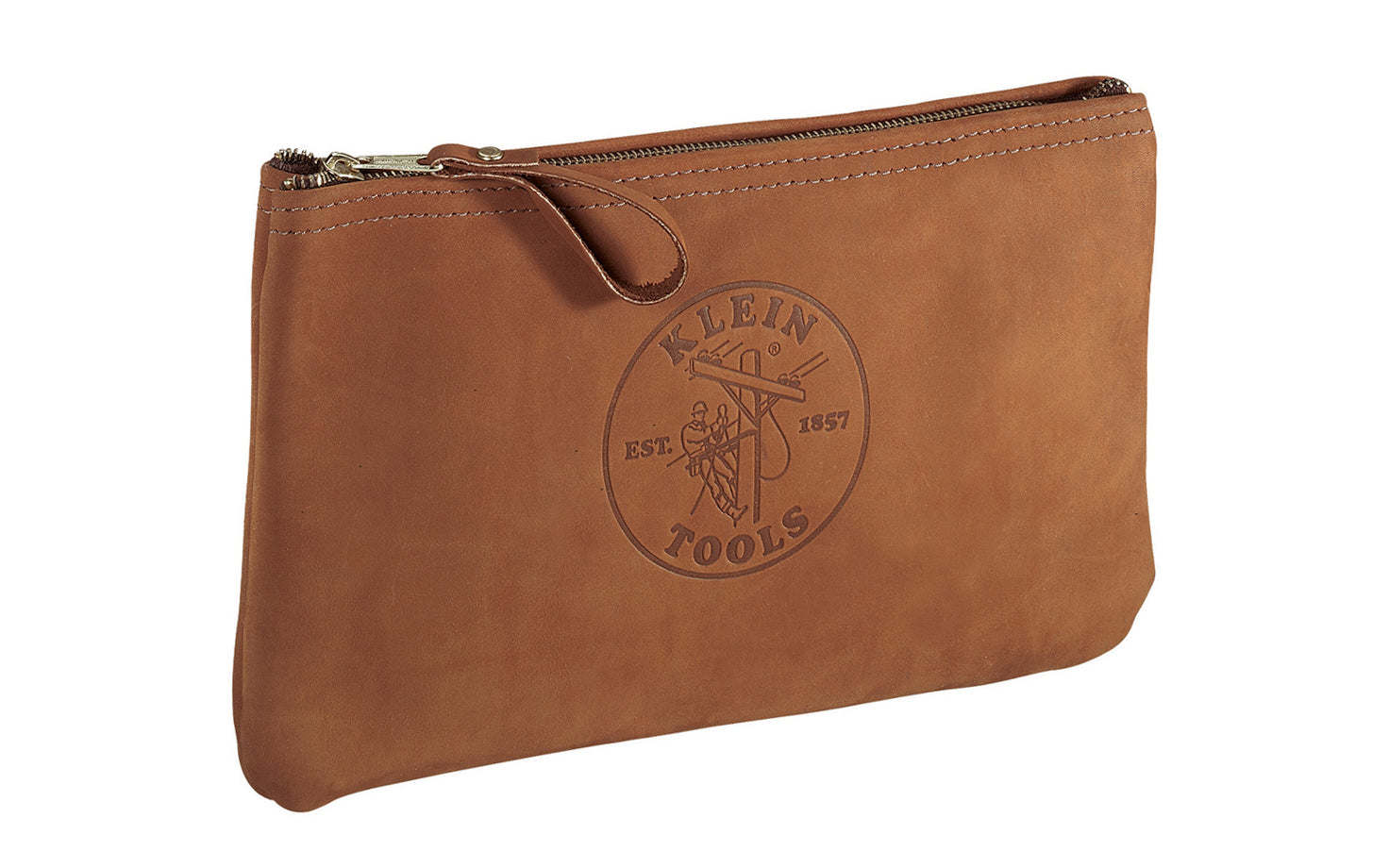 Klein Tools Top-Grain Leather Zipper Pouch Bag. This handsome bag is soft sided & features brushed cowhide leather construction to provide durability & a strong zipper for reliable operation. Convenient storage for pliers, wrenches, & other tools. The heavy-duty zipper keeps it securely closed. Model 5139L.