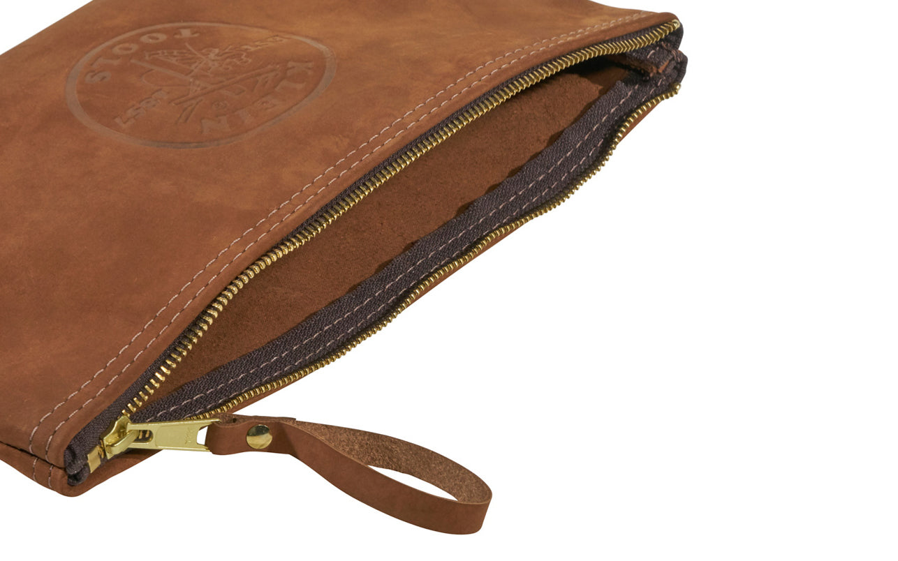 Klein Tools Top-Grain Leather Zipper Pouch Bag. This handsome bag is soft sided & features brushed cowhide leather construction to provide durability & a strong zipper for reliable operation. Convenient storage for pliers, wrenches, & other tools. The heavy-duty zipper keeps it securely closed. Model 5139L.