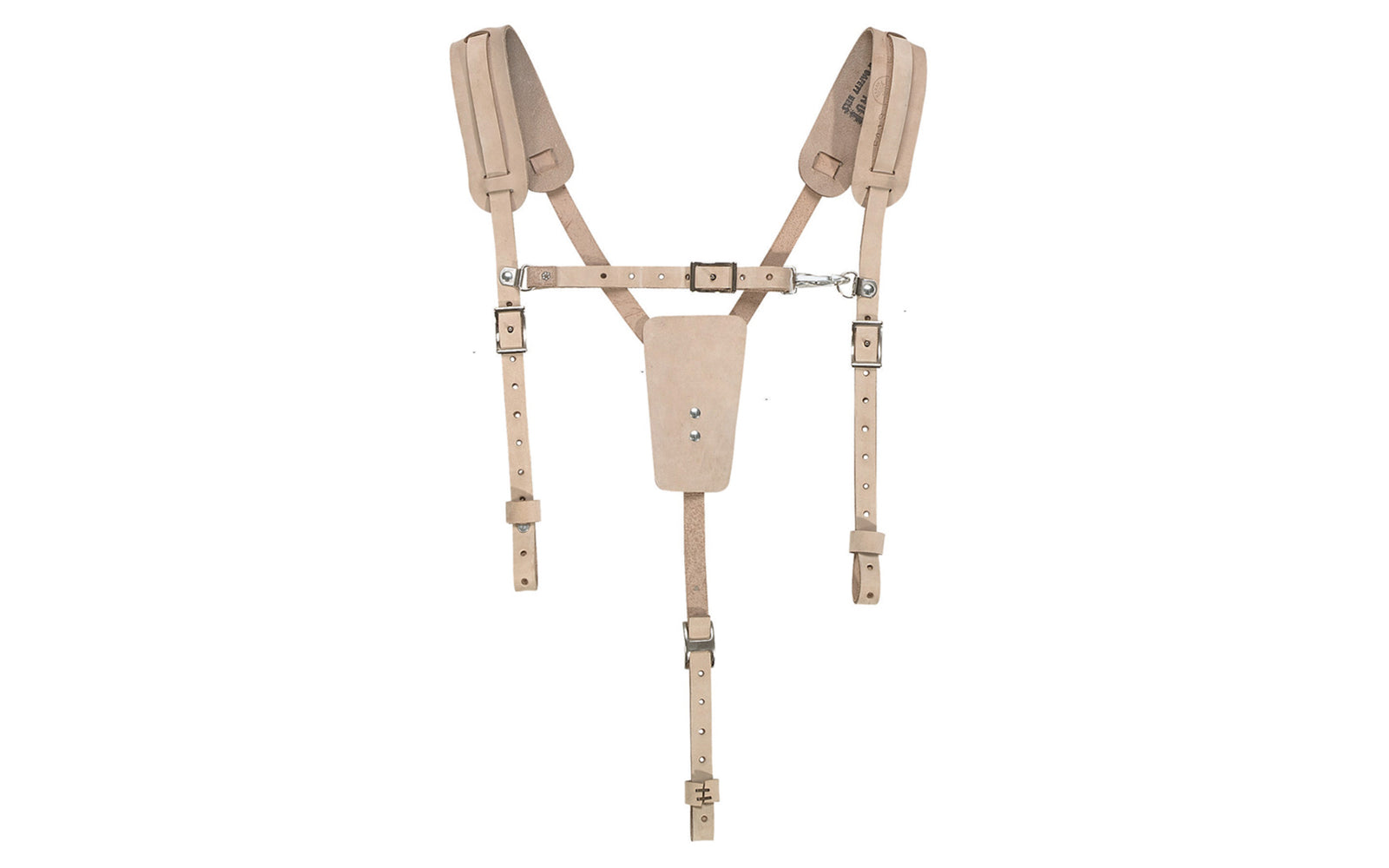 Klein Tools Leather Belt Suspenders. Model No. 5413. Klein's Soft Leather Work Belt Suspenders help redistribute tool belt weight with soft leather straps. Adjustable for a customized fit. One size fits most. Made in USA