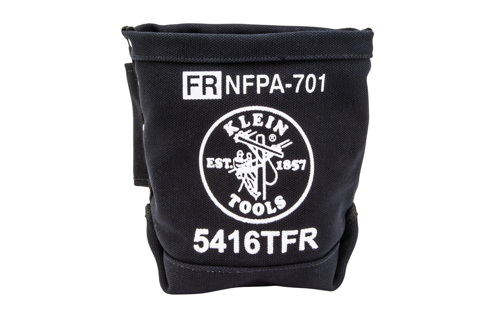 Klein Tools Flame-Resistant Canvas Bolt Bag is made of flame-resistant No. 4 canvas which meets the requirements of NFPA-701 for added protection in the field. It is stitched & riveted with a double-reinforced bottom for durability. Includes tunnel loop for sliding over your belt. Model 5416TFR. Made in USA.