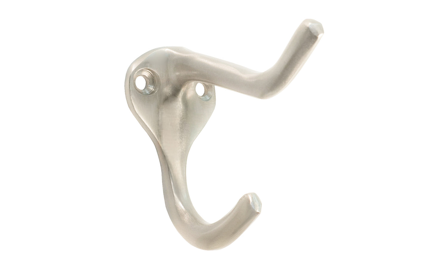 Ives Solid Brass Double Hook. Great for kitchens, bathrooms, hallways, furniture, cabinets, bedrooms. The two prong hook is made of solid brass material, making it durable for clothing, towels, bags. Hat & Coat Hook. Satin Nickel Finish.
