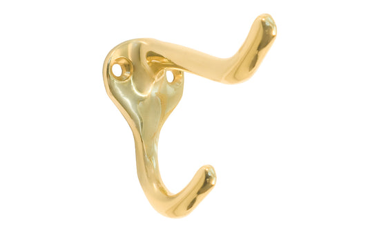 Ives Solid Brass Double Hook. Great for kitchens, bathrooms, hallways, furniture, cabinets, bedrooms. The two prong hook is made of solid brass material, making it durable for clothing, towels, bags. Hat & Coat Hook. Lacquered Brass FInish.