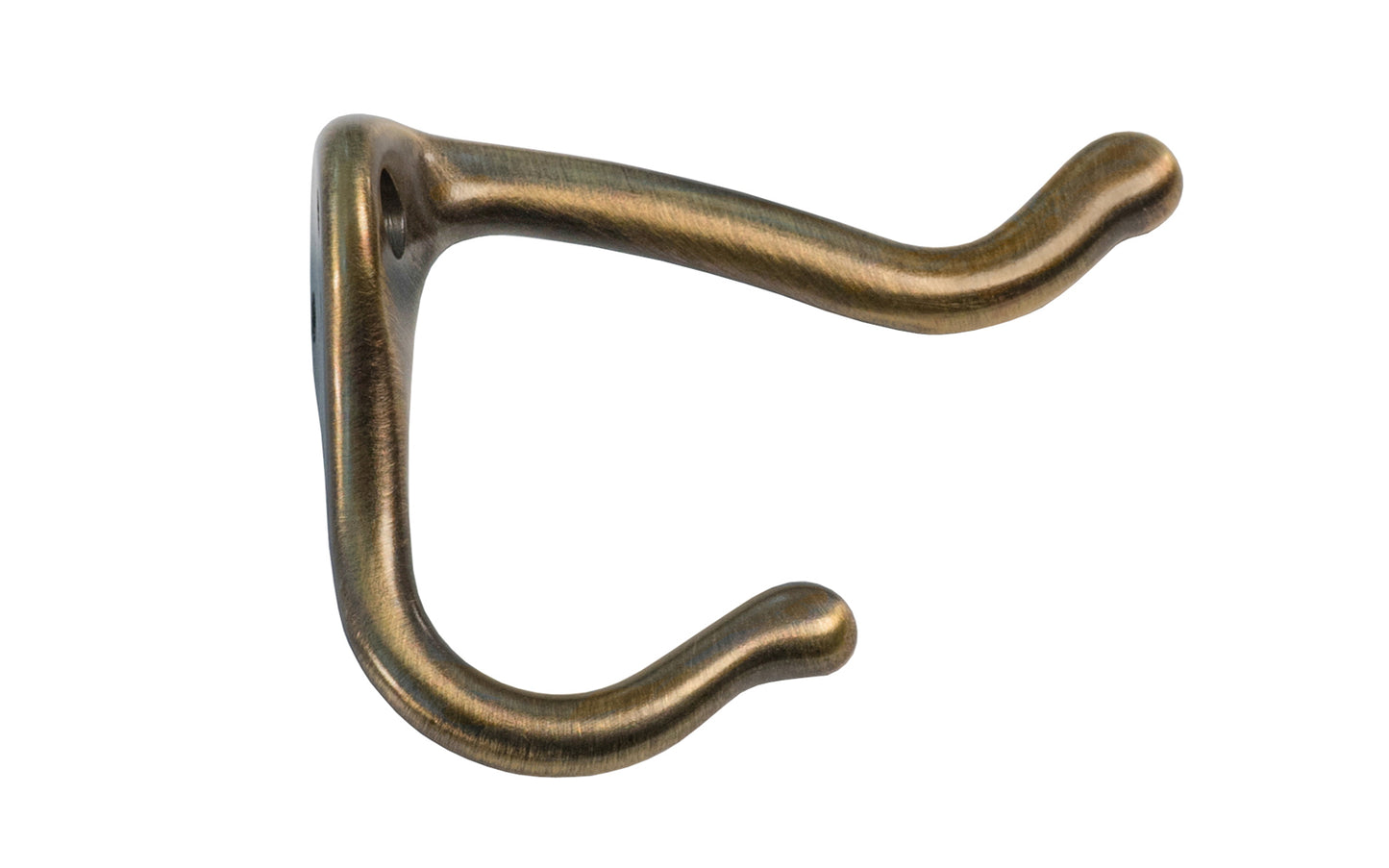 Ives Solid Brass Double Hook. Solid Brass Coat & Hat Hook ~ Antique Brass Finish. Great for kitchens, bathrooms, hallways, furniture, cabinets, bedrooms. The two prong hook is made of solid brass material, making it durable for clothing, towels, bags. Hat & Coat Hook. 3" projection. 571-B5.