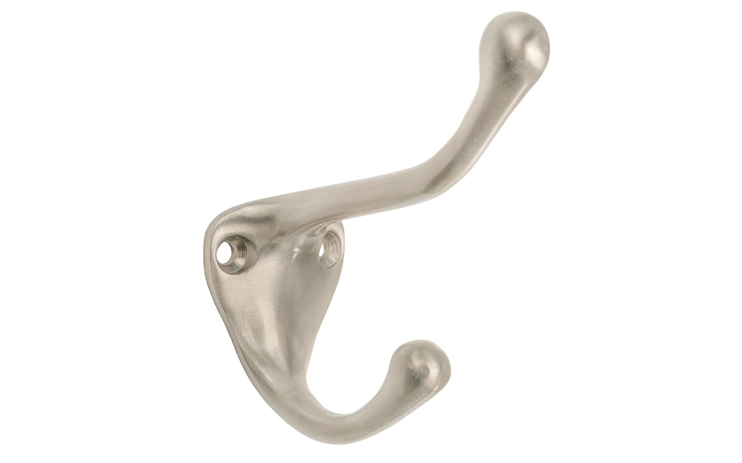 Ives Classic Solid Brass Double Hook. Great for kitchens, bathrooms, hallways, furniture, cabinets, bedrooms. The two prong hook is made of solid brass material, making it durable for clothing, towels, bags. Hat & Coat Hook. Satin Nickel Finish.