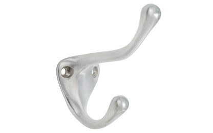 Ives Classic Solid Brass Double Hook. Great for kitchens, bathrooms, hallways, furniture, cabinets, bedrooms. The two prong hook is made of solid brass material, making it durable for clothing, towels, bags. Hat & Coat Hook. Satin Chrome Finish.