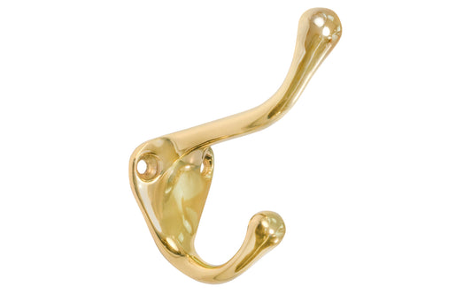 Ives Classic Solid Brass Double Hook. Great for kitchens, bathrooms, hallways, furniture, cabinets, bedrooms. The two prong hook is made of solid brass material, making it durable for clothing, towels, bags. Hat & Coat Hook. Lacquered Brass Finish.
