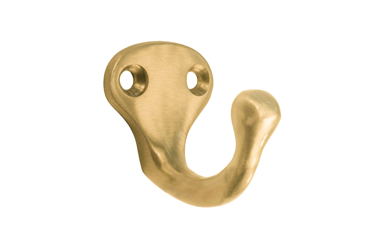 Ives classic solid brass wardrobe hook. Great for kitchens, bathrooms, hallways, furniture, cabinets, bedrooms. The single prong hook is made of solid brass material, making it durable for clothing, towels, bags. Brushed Brass Finish.
