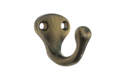 Ives classic solid brass wardrobe hook. Great for kitchens, bathrooms, hallways, furniture, cabinets, bedrooms. The single prong hook is made of solid brass material, making it durable for clothing, towels, bags. Antique Brass Finish.