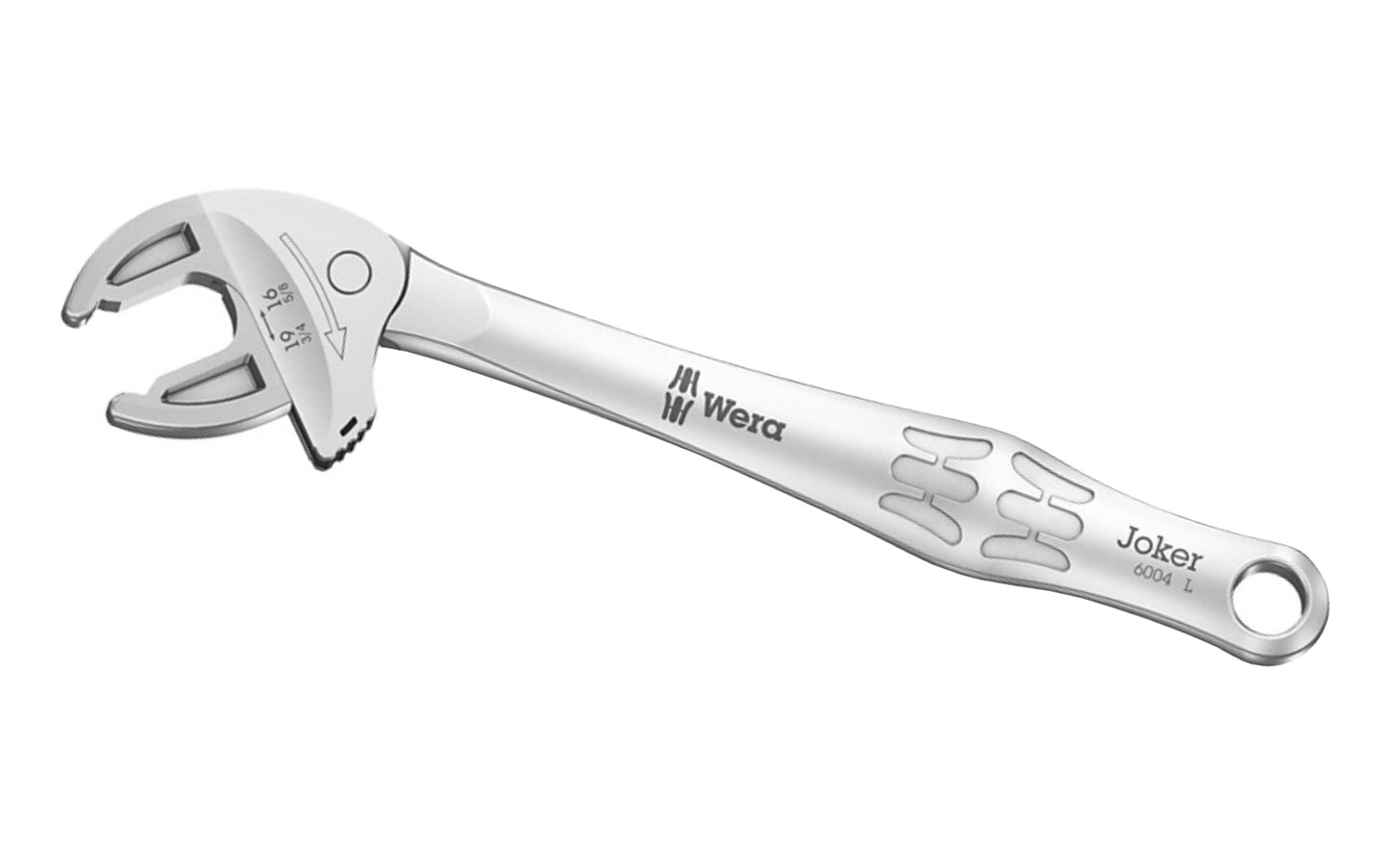 Wera "6004 Joker" Self-Setting Spanner Wrench - L Size. Large Size. Adjustable "Joker 6004" cover all metric & imperial dimensions. Automatic & continuous grip of hexagon screws & bolts. Lever mechanism when gripping avoids slipping & damage. Self setting wrench 6004 L. Range: 5/8" to 3/4" (16 mm to 19 mm).