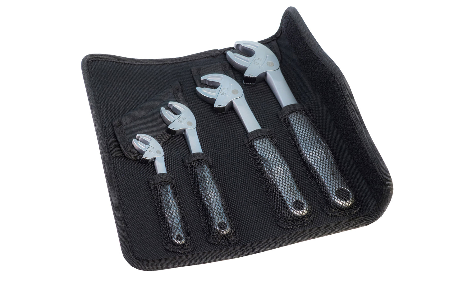 Wera "6004 Joker" Self-Setting Spanner Wrench Set. Adjustable "Joker 6004" cover all metric & imperial dimensions. Automatic & continuous grip of hexagon screws & bolts. Lever mechanism when gripping avoids slipping & damage. Self setting wrench 6004. Set includes Extra Small, Small, Medium, & Large size wrenches.