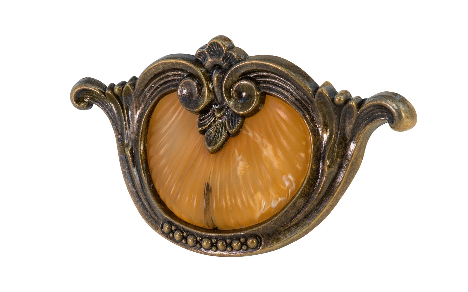 Waterfall-Style Drawer Pull With Bakelite ~ 3-1/2" on Centers. A special & unique drawer pull designed in the "Waterfall-style" / "Art Moderne" style of hardware popular in the 1930's. The handle pull is made of durable zinc material with an antique brass finish, & a bakelite insert inside. 3-1/2" on centers.