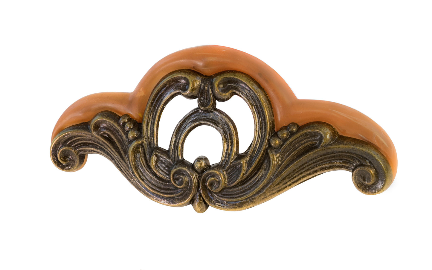 Waterfall-Style Drawer Pull With Bakelite ~ 4-1/2" on Centers. A special & unique drawer pull designed in the "Waterfall-style" / "Art Moderne" style of hardware popular in the 1930's. The handle pull is made of durable zinc material with an antique brass finish, & a bakelite insert inside. 4-1/2" on centers.