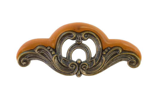 Waterfall-Style Drawer Pull With Bakelite ~ 4-1/2" on Centers. A special & unique drawer pull designed in the "Waterfall-style" / "Art Moderne" style of hardware popular in the 1930's. The handle pull is made of durable zinc material with an antique brass finish, & a bakelite insert inside. 4-1/2" on centers.