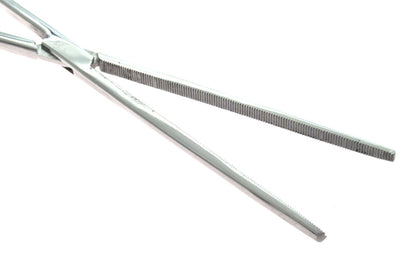 15" Stainless Steel Straight Forceps. Self-locking with serrated jaws.  Made by SE.