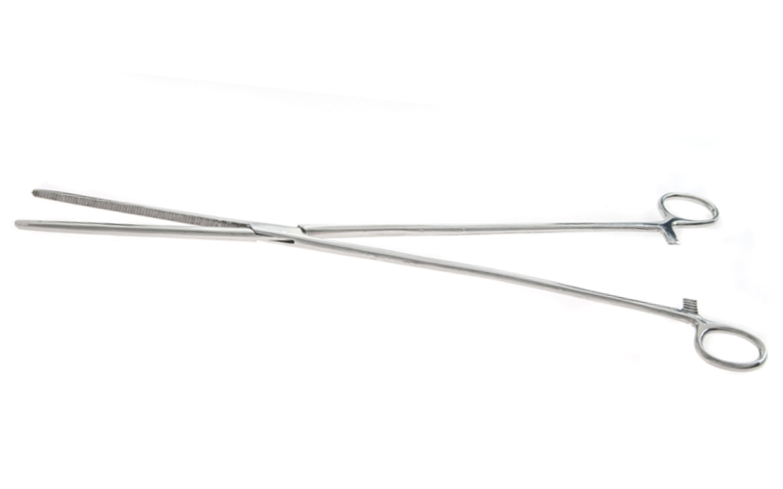 15" Stainless Steel Straight Forceps. Self-locking with serrated jaws.  Made by SE.