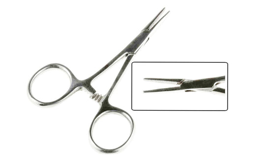 6-1/2" Stainless Steel Straight Tip Forceps. Self-locking with serrated jaws. Made by SE.