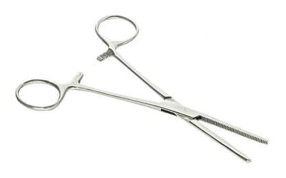 6-1/4" Stainless Steel Straight Forceps. Self-locking with serrated jaws. Made by SE.