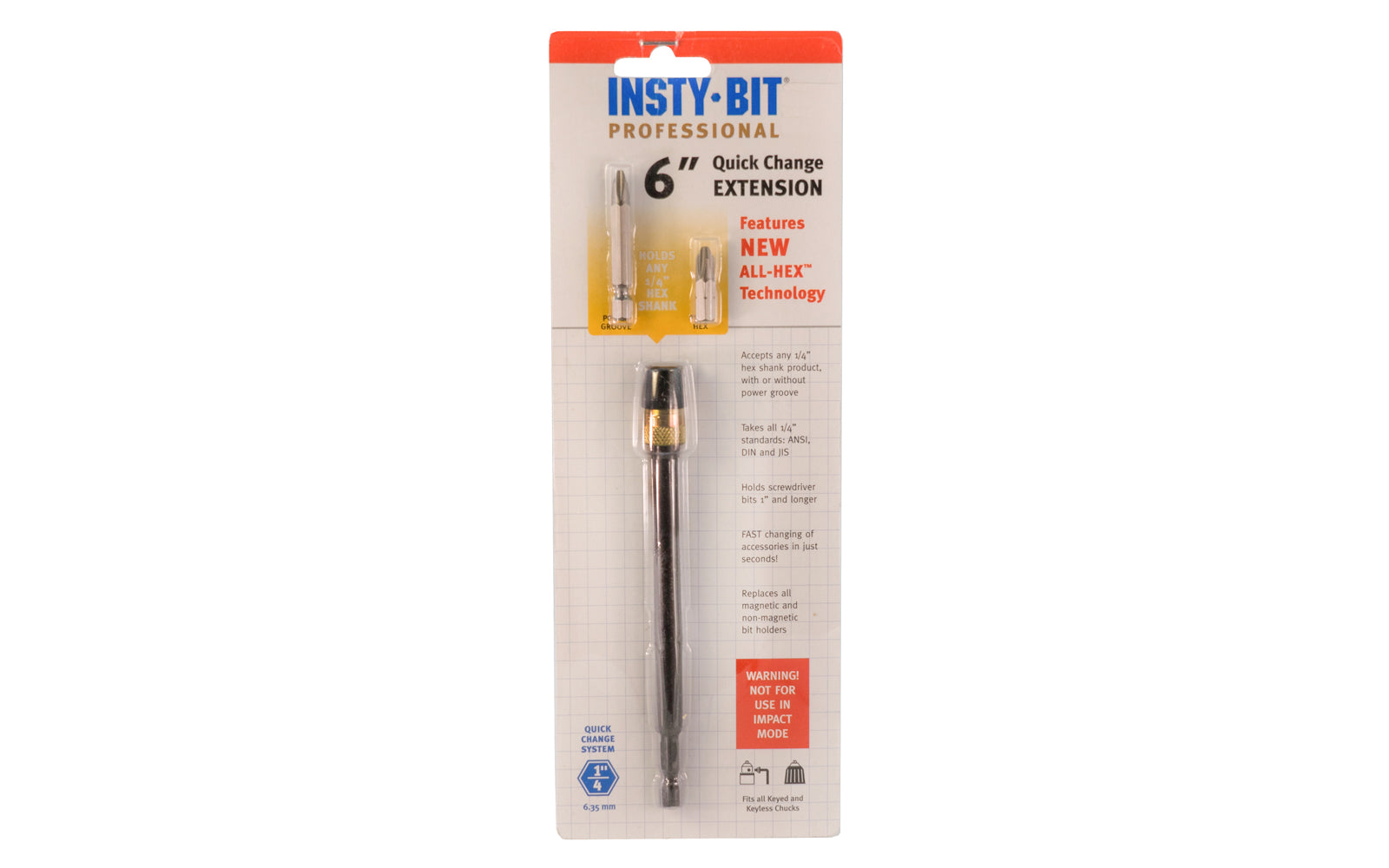 Insty-Bit 6" Quick Change Extension Bit. Accepts any 1/4" hex shank product, with or without power groove. Takes all 1/4" standards: ANSI, DIN, JIS. 6" length. Insty-Bit Model 87506.