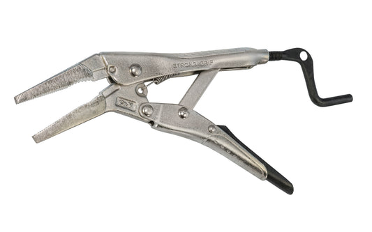 "Strong Grip" 6" size long nose locking pliers. These straight long nose pliers provide access into hard-to-reach & narrow places. Vise grip style plier made by StrongHand Tools. Model PLN50. 