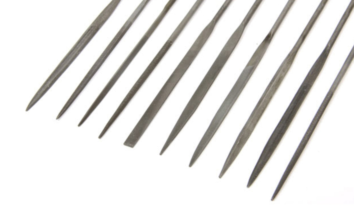 10-PC Fine Cut Needle File Set - 3 mm x 140 mm. Basic & economy-style needle file set. Shapes included in set: Round, Tapered Round, Half Round, Barette, Crossing, Knife, Equaling, Warding, Square, Three Square. Made of bearing hardened steel. Fine cut - Approx. diameter 3 mm x 140 mm length . Made by SE.