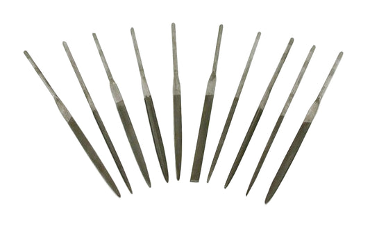 10-PC Fine Cut Needle File Set - 3 mm x 140 mm. Basic & economy-style needle file set. Shapes included in set: Round, Tapered Round, Half Round, Barette, Crossing, Knife, Equaling, Warding, Square, Three Square. Made of bearing hardened steel. Fine cut - Approx. diameter 3 mm x 140 mm length . Made by SE.