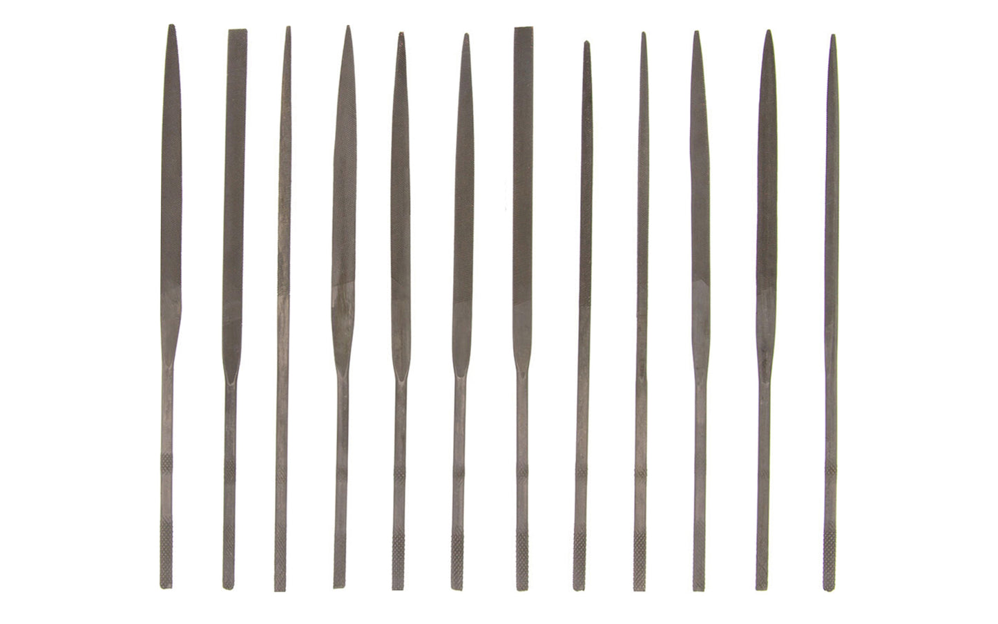 12-PC Fine Cut Needle File Set - 3 mm x 140 mm. Designed for removing, refining, reshaping, & scraping projects that require detail precision work. Shapes in set: (2) Round, (2) Equaling, Tapered Round, Half Round, Barrette, Crossing, Knife, Warding, Square, &amp; Three Square. Made of bearing hardened steel. 