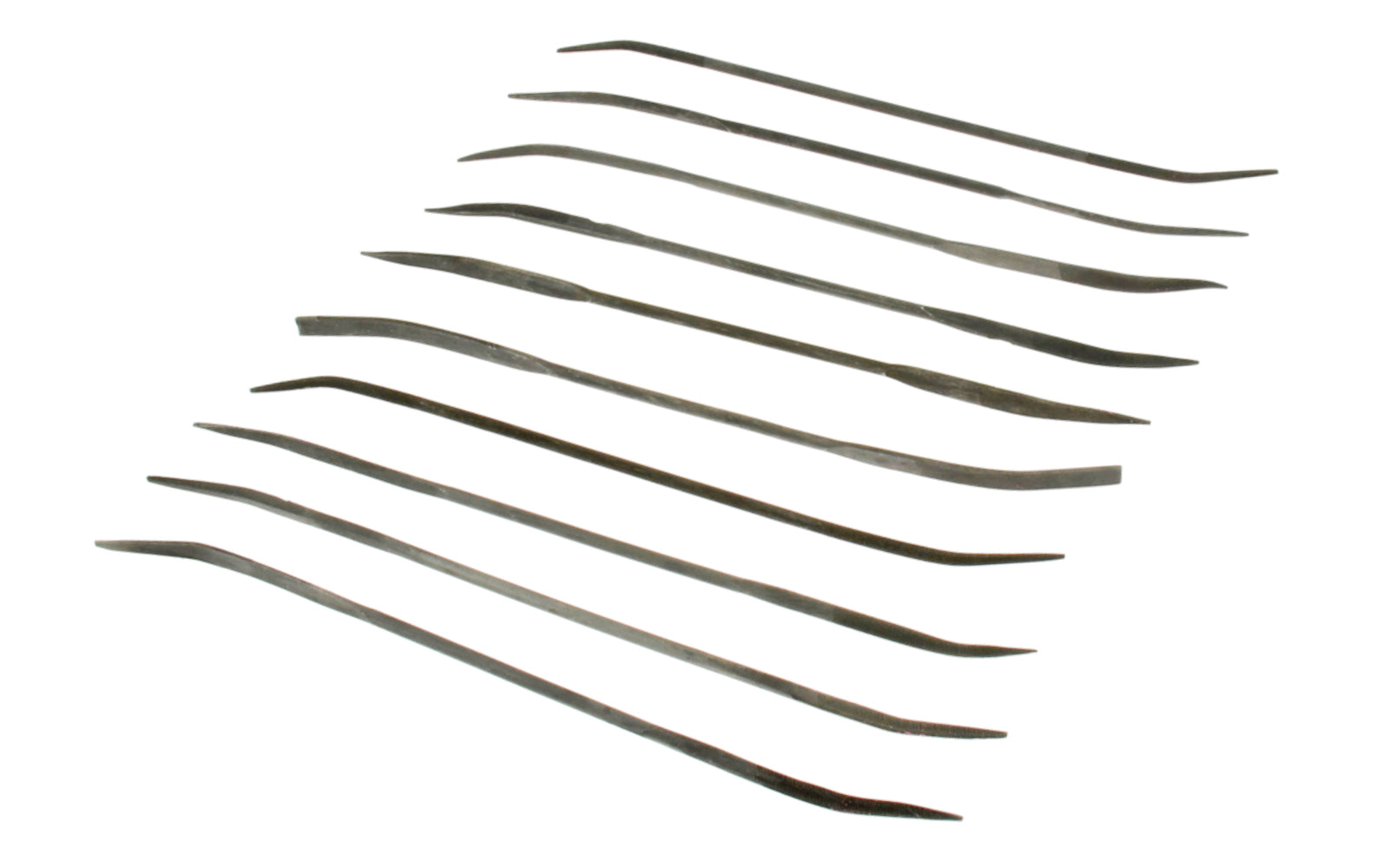 10-PC Medium Cut Riffler File Set - 3 mm x 180 mm. Basic riffler rasp set for sculptors, wood carvers, model makers, & hobbyists. Shapes included in set: Curved, Tapered, Angled, Round, Half Round, Equaling, Knife, Square. Made of bearing hardened steel. Fine cut - Italian type riffler style. Made by SE.