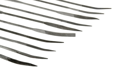 10-PC Medium Cut Riffler File Set - 3 mm x 180 mm. Basic riffler rasp set for sculptors, wood carvers, model makers, & hobbyists. Shapes included in set: Curved, Tapered, Angled, Round, Half Round, Equaling, Knife, Square. Made of bearing hardened steel. Fine cut - Italian type riffler style. Made by SE.