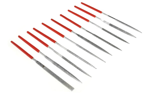 Basic & economy-style 10-PC diamond coated needle file set. Needle file set for natural materials like marble, wood, stone, bone. Versatile use on glass, gemstones, & for mold making. Round, Tapered Round, Half Round, Barette, Crossing, Knife, Equaling, Warding, Square, Three Square. Size 2 mm x 100 mm length.