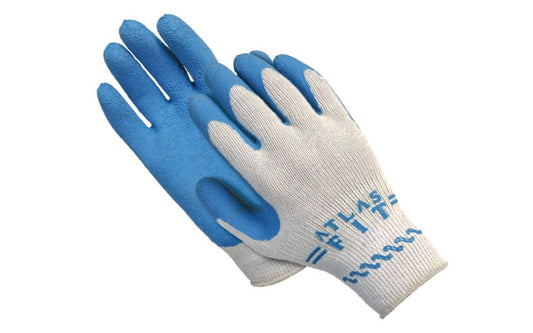 Simple and effective work glove, ideal for all activities. Natural rubber palm-dipped coating provides excellent grip. Elastic knit wrist prevents debris from entering glove. Knuckles and back not coated to provide dexterity and allow hands to breathe. Available in S, M, L, XL sizes. 'Atlas' gloves made by Showa.